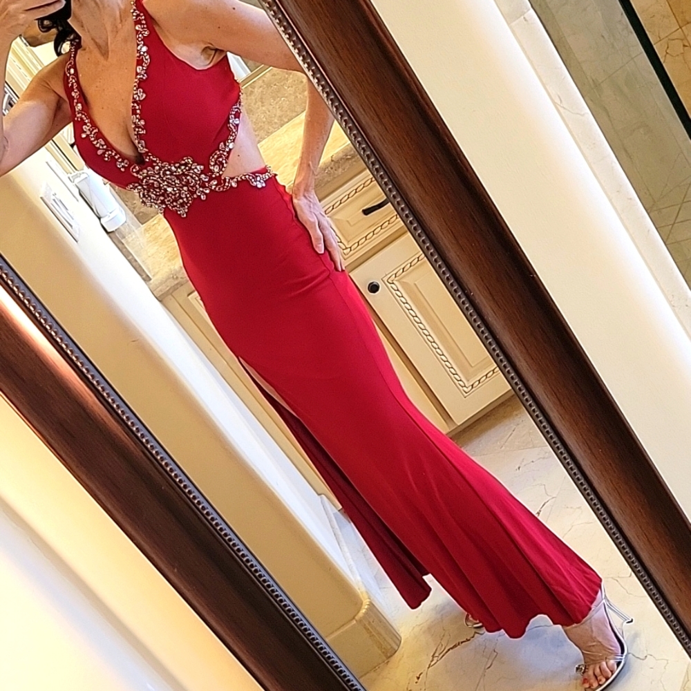 Mac Dugall Red Open-Back Embellished Side Cutout … - image 3